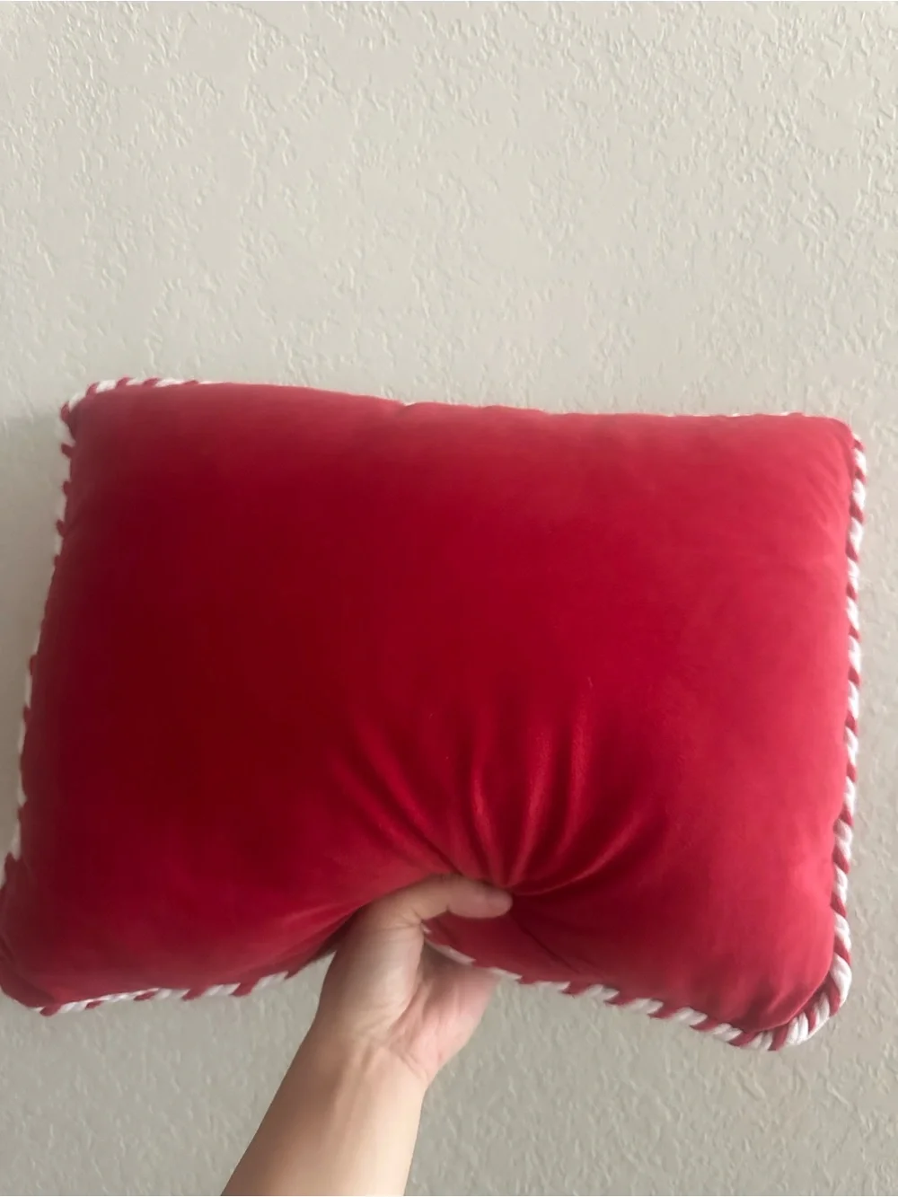 Holiday Velvet Red Decorative Pillow with Twisted White Trim